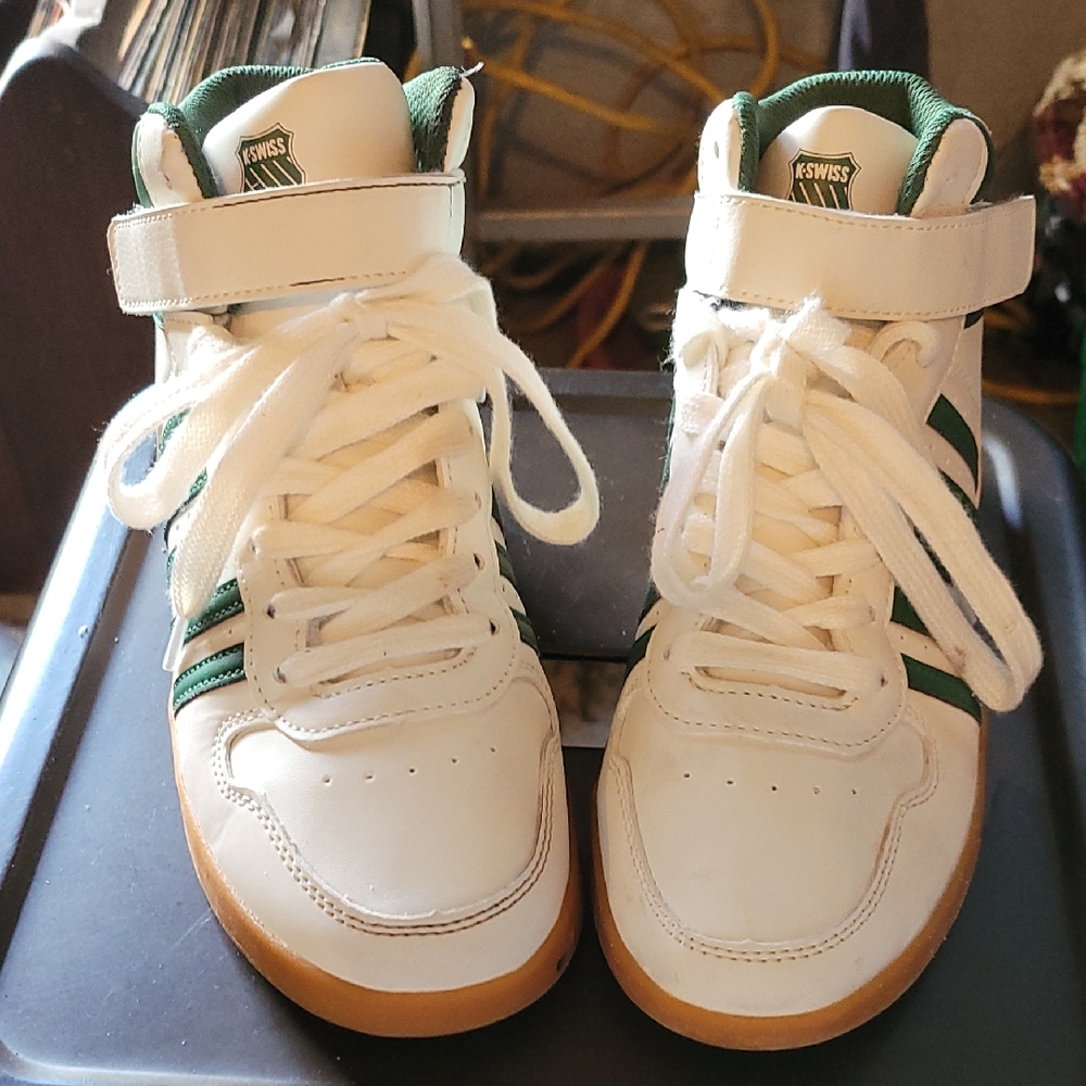 K-Swiss Kids' White and Green High Top Sneakers.